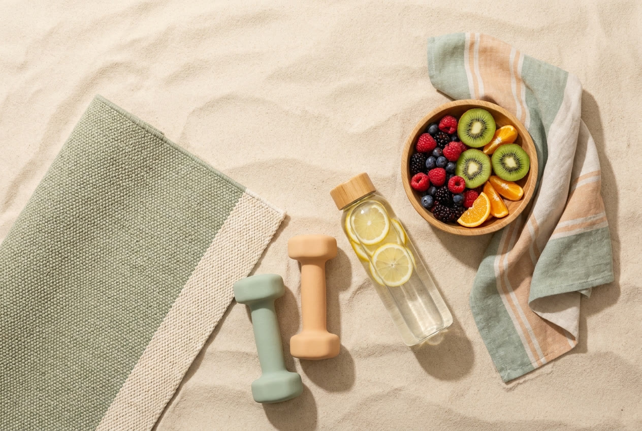 Overhead flatlay of a yoga mat, light dumbbells, a glass water bottle, and a fresh fruit bowl in sage and apricot tones