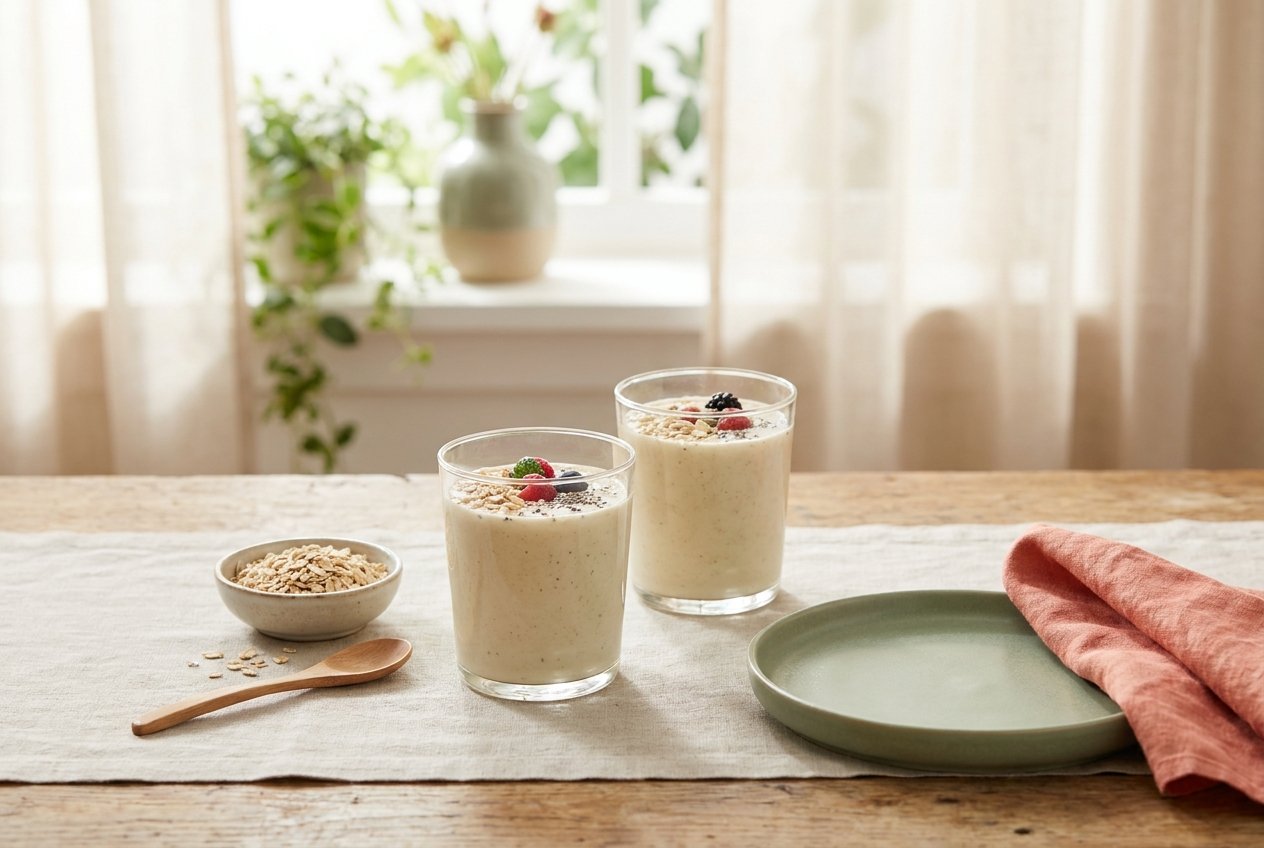 Two breakfast smoothies topped with oats and chia seeds on a morning table by a window