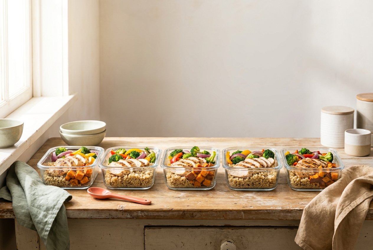 Glass meal prep containers filled with colorful vegetables, grains, and protein on a kitchen counter