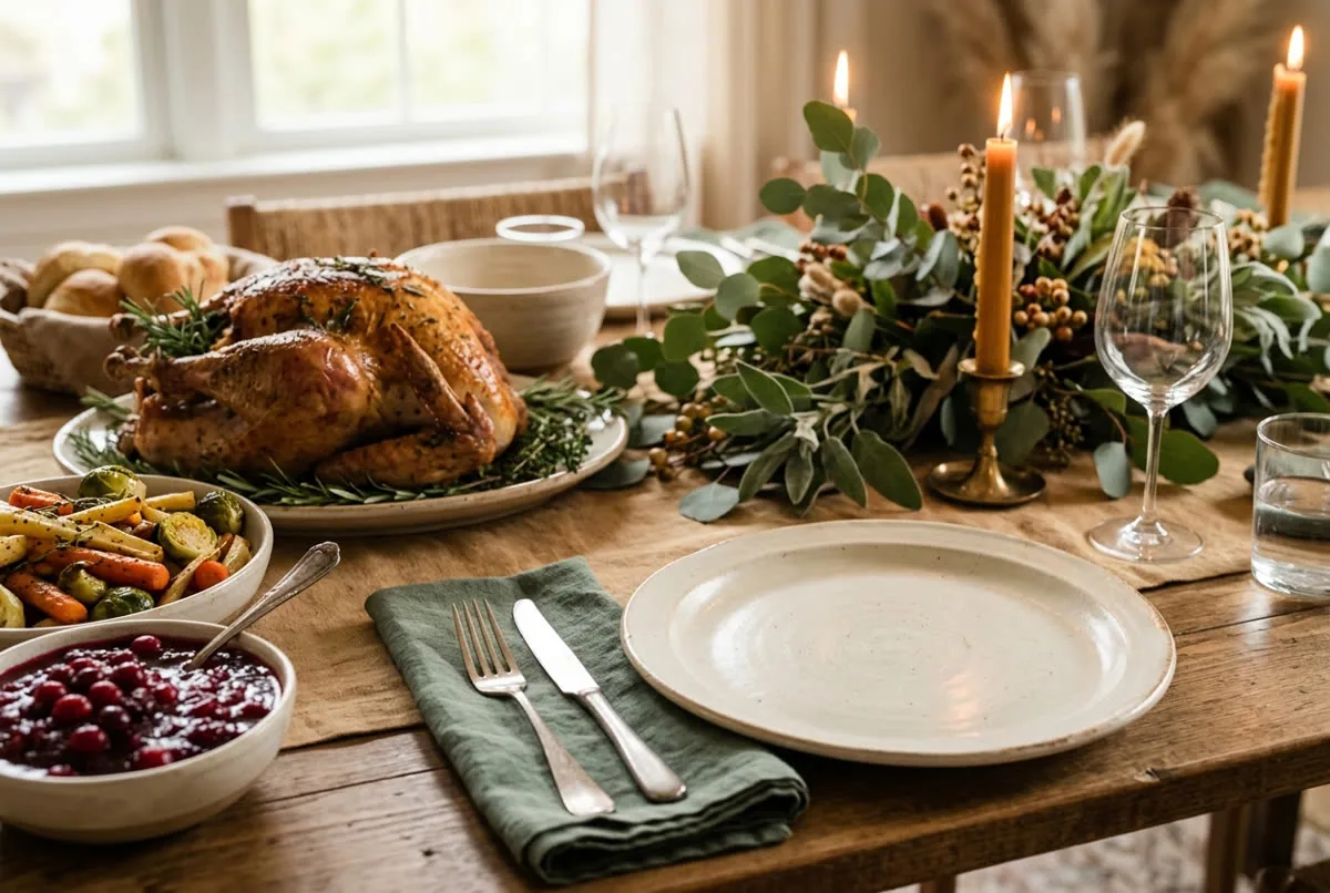Empty plate at a set Thanksgiving table with roast turkey and side dishes