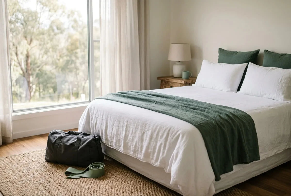 Made hotel bed with a resistance band and a duffel bag on the floor