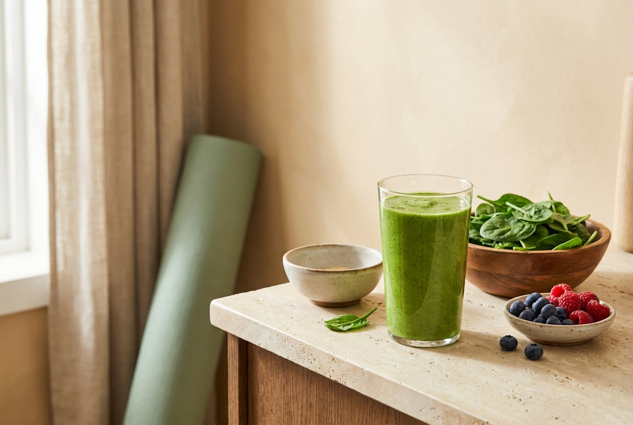 Green smoothie beside fresh spinach and berries in a bright morning kitchen, with a rolled yoga mat in the background